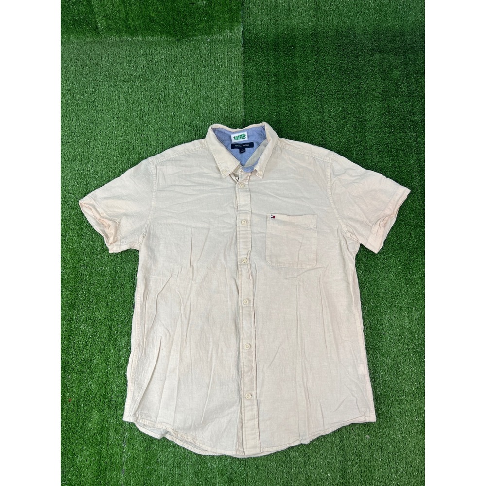 Tommy Hilfiger Mens Beige Linen Cotton Short Sleeve Button Down Shirt Large